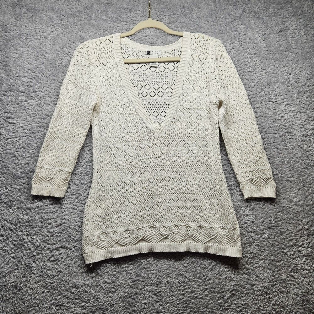 Carole Little Vintage White Open Crochet Top Womens Size Medium 3/4 Sleeve